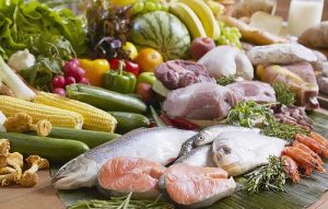 Variety of fish, meats, vegetables, and fruits