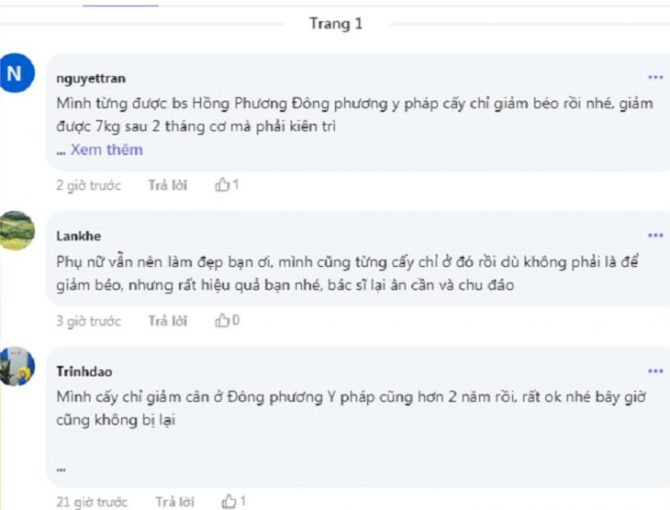 Bệnh nhân cấy chỉ giảm béo Đông phương Y pháp phản hồi trên diễn đàn webtretho